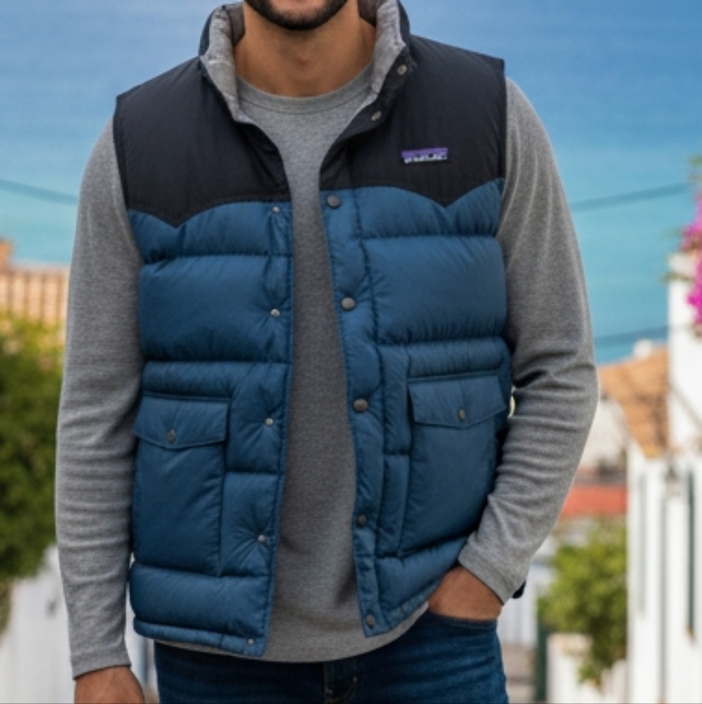 Patagonia Mens Blue Navy Goose Down Puffer Vest Snaps Outdoor Color Bloc…